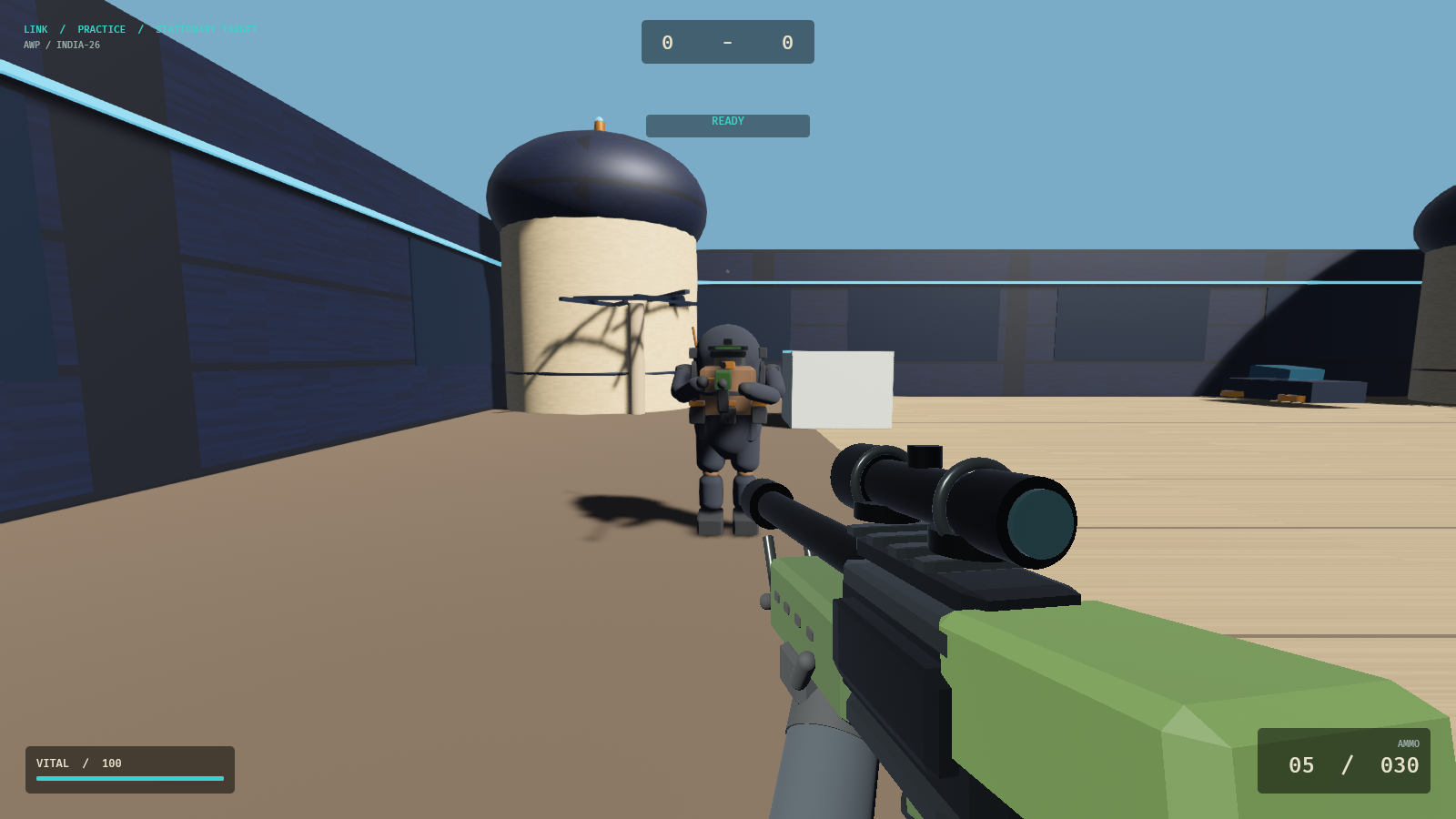 First-person view of the bolt-action rifle facing a practice target in the India courtyard